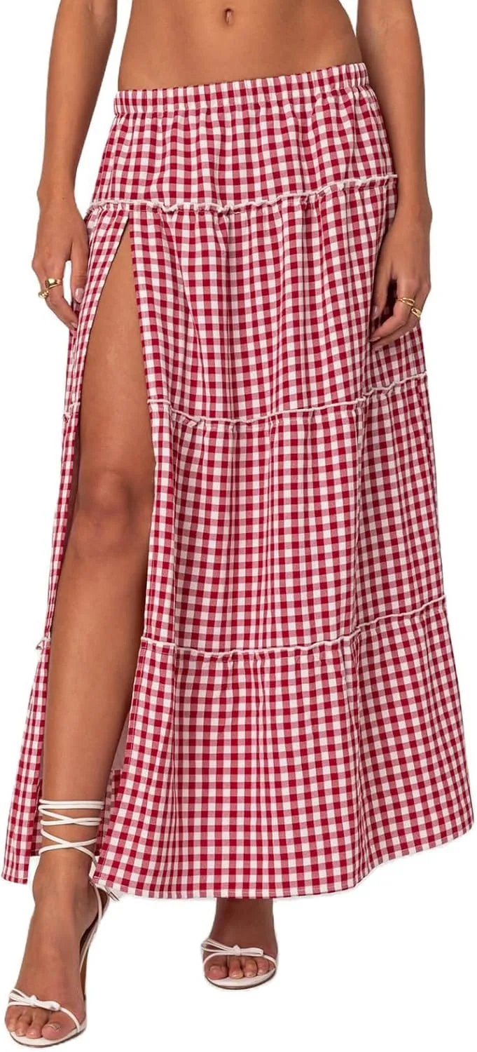 Women's Y2K Plaid Maxi Skirts Elastic Waist Side Slit Tiered Skirt Vintage Summer Flowy Gingham A Line Skirts