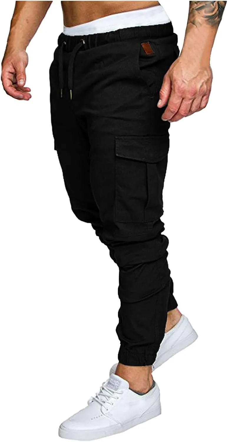 WUAI-Men Cargo Pants Elastic Waist Slim Fit Athletic Jogger Pants Drawstring Khaki Chinos Trousers Sweatpants