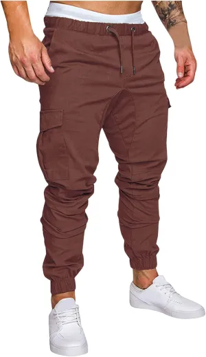 WUAI-Men Cargo Pants Elastic Waist Slim Fit Athletic Jogger Pants Drawstring Khaki Chinos Trousers Sweatpants