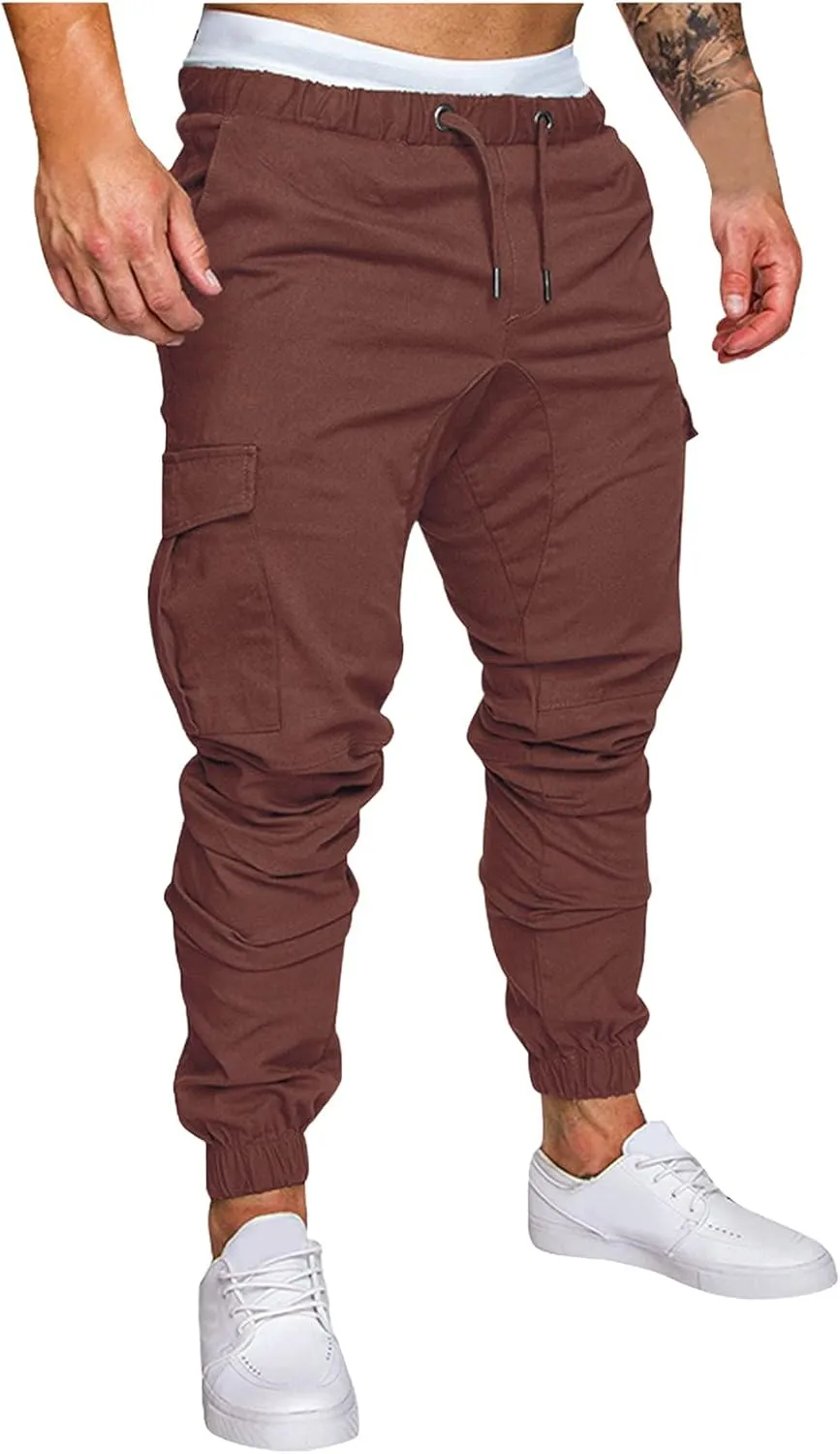 WUAI-Men Cargo Pants Elastic Waist Slim Fit Athletic Jogger Pants Drawstring Khaki Chinos Trousers Sweatpants