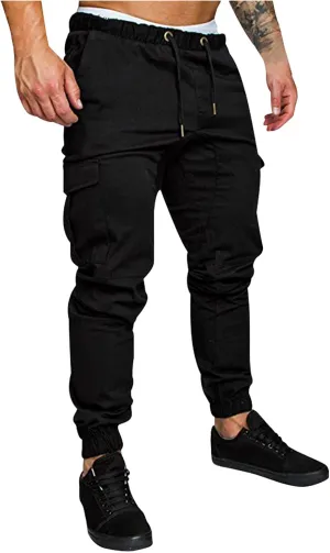 WUAI-Men Cargo Pants Elastic Waist Slim Fit Athletic Jogger Pants Drawstring Khaki Chinos Trousers Sweatpants