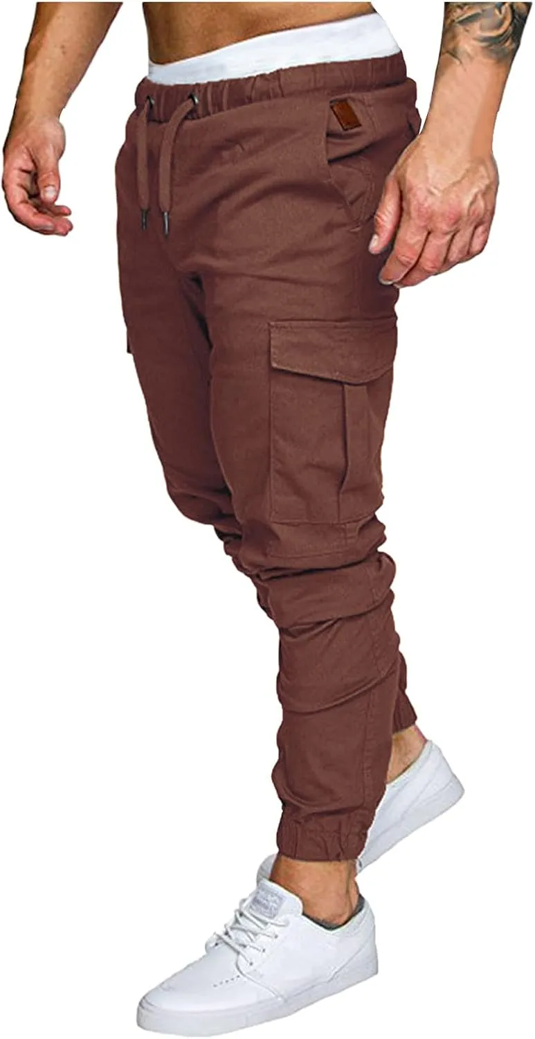 WUAI-Men Cargo Pants Elastic Waist Slim Fit Athletic Jogger Pants Drawstring Khaki Chinos Trousers Sweatpants
