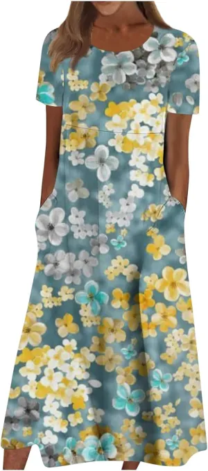 Yesunpxs Summer Dresses for Women Floral Print Loose Sundresses Short Sleeves Round Neck Beach Dress Casual Maxi Dress with