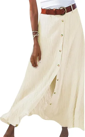 YMING Womens Button Front Flowy Maxi Skirt A Line Cotton Linen Skirts Casual Pleated Long Skirt