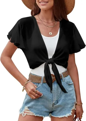ZAFUL Women's Chiffon Cropped Bolero Sheer Shrugs for Dress Short Sleeve Tie Front Cardigan