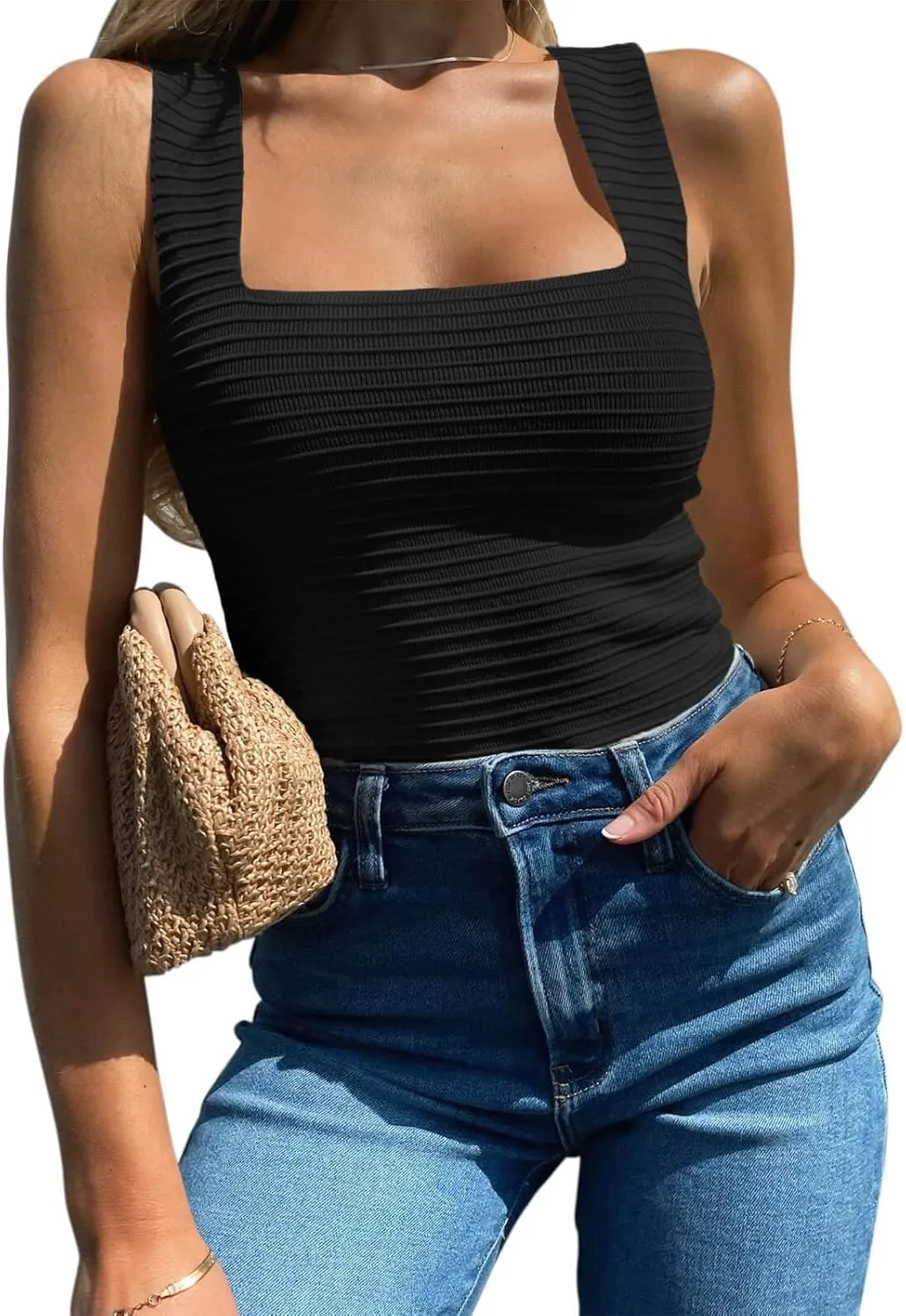ZDC Womens Ribbed Tank Tops 2025 Summer Square Neck Sleeveless Tops Casual Slim Knit Shirts Tees