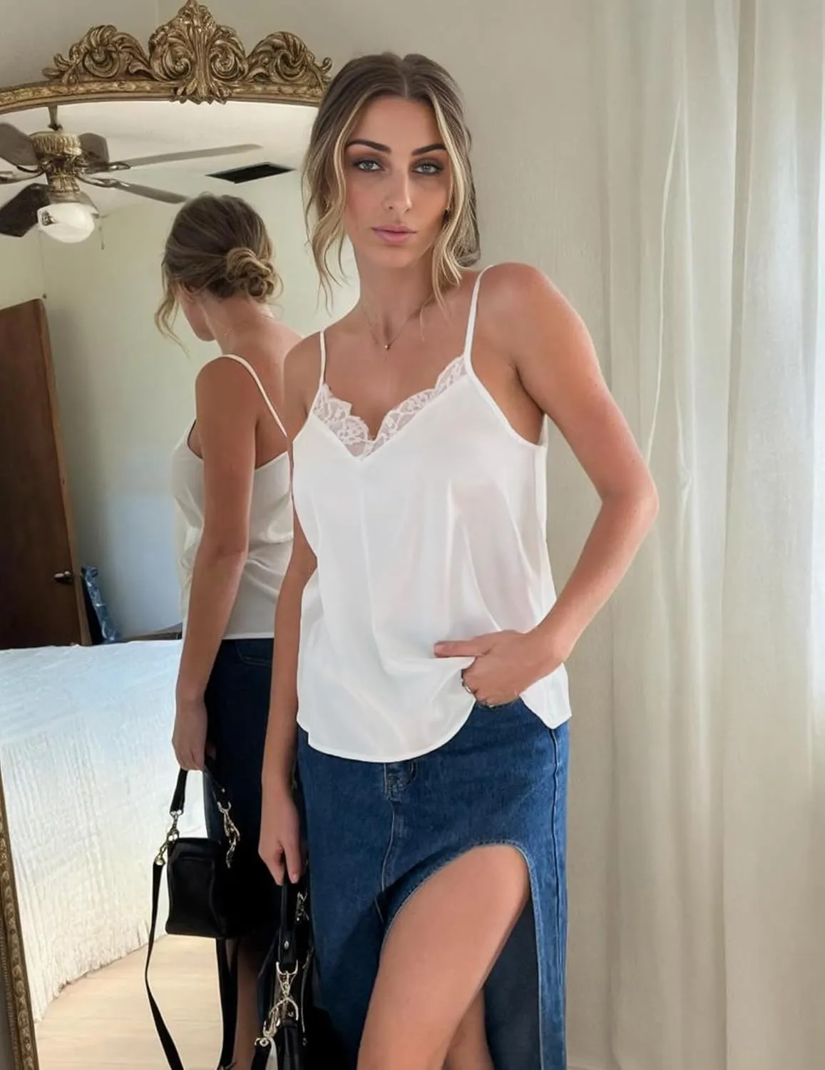 Zeagoo Camisole Tops for Women Slik Satin Spaghetti Strap Tank Top Lace V Neck Cami 2 PCS