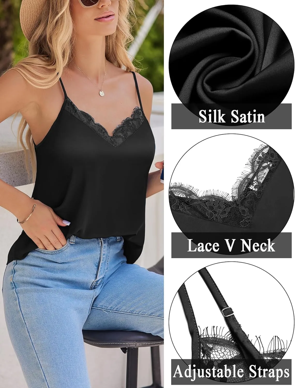 Zeagoo Camisole Tops for Women Slik Satin Spaghetti Strap Tank Top Lace V Neck Cami 2 PCS