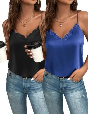 Zeagoo Camisole Tops for Women Slik Satin Spaghetti Strap Tank Top Lace V Neck Cami 2 PCS