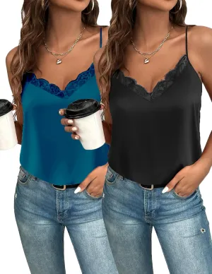 Zeagoo Camisole Tops for Women Slik Satin Spaghetti Strap Tank Top Lace V Neck Cami 2 PCS