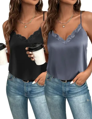 Zeagoo Camisole Tops for Women Slik Satin Spaghetti Strap Tank Top Lace V Neck Cami 2 PCS