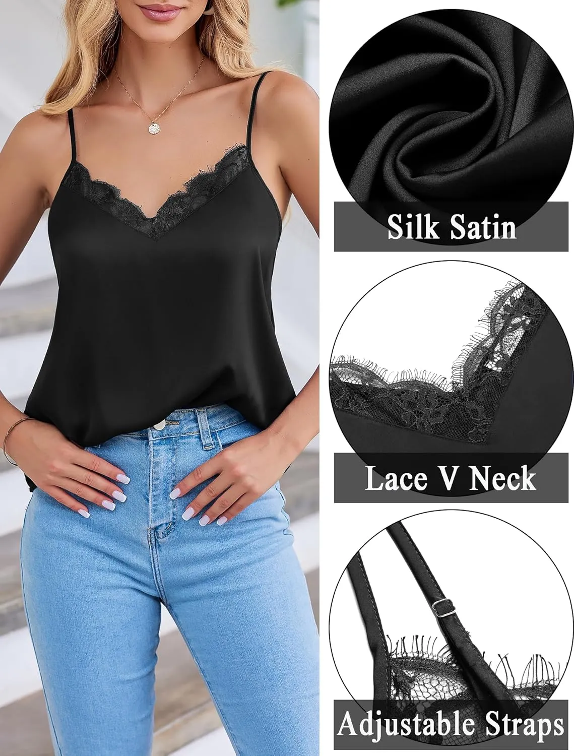 Zeagoo Camisole Tops for Women Slik Satin Spaghetti Strap Tank Top Lace V Neck Cami 2 PCS
