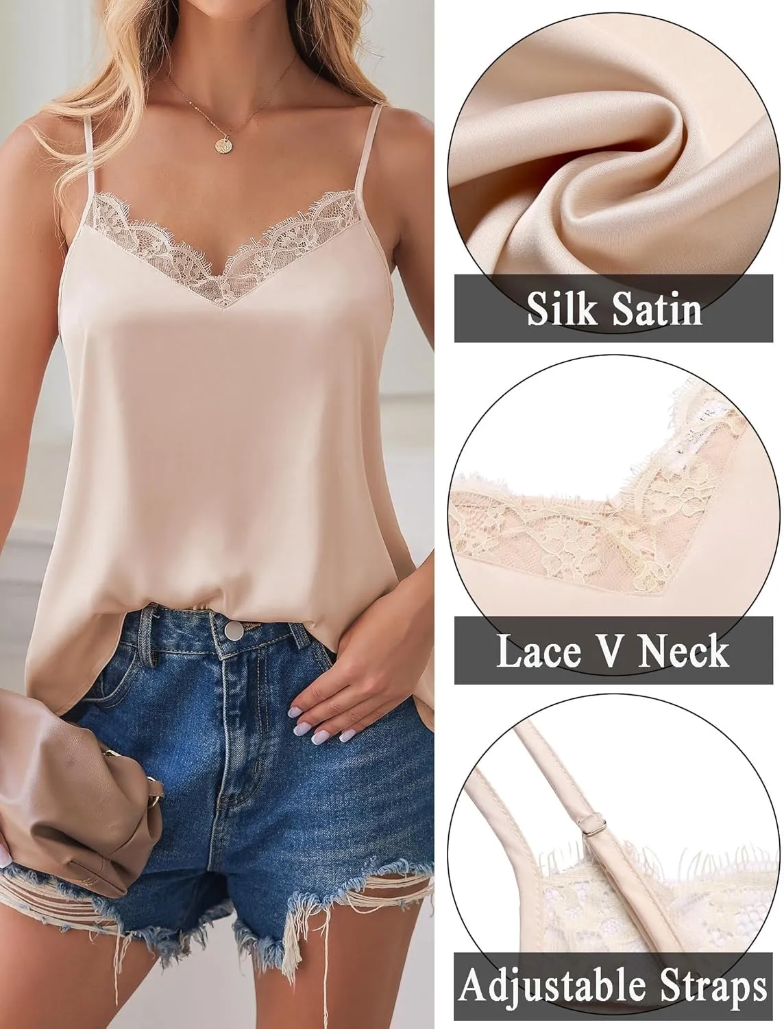 Zeagoo Camisole Tops for Women Slik Satin Spaghetti Strap Tank Top Lace V Neck Cami 2 PCS