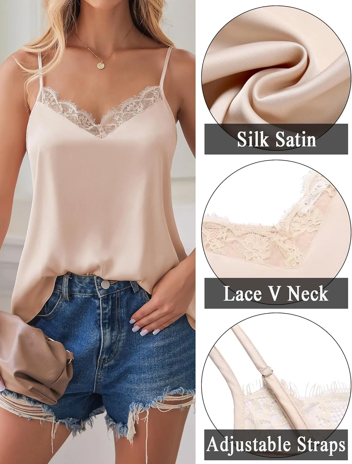 Zeagoo Camisole Tops for Women Slik Satin Spaghetti Strap Tank Top Lace V Neck Cami 2 PCS