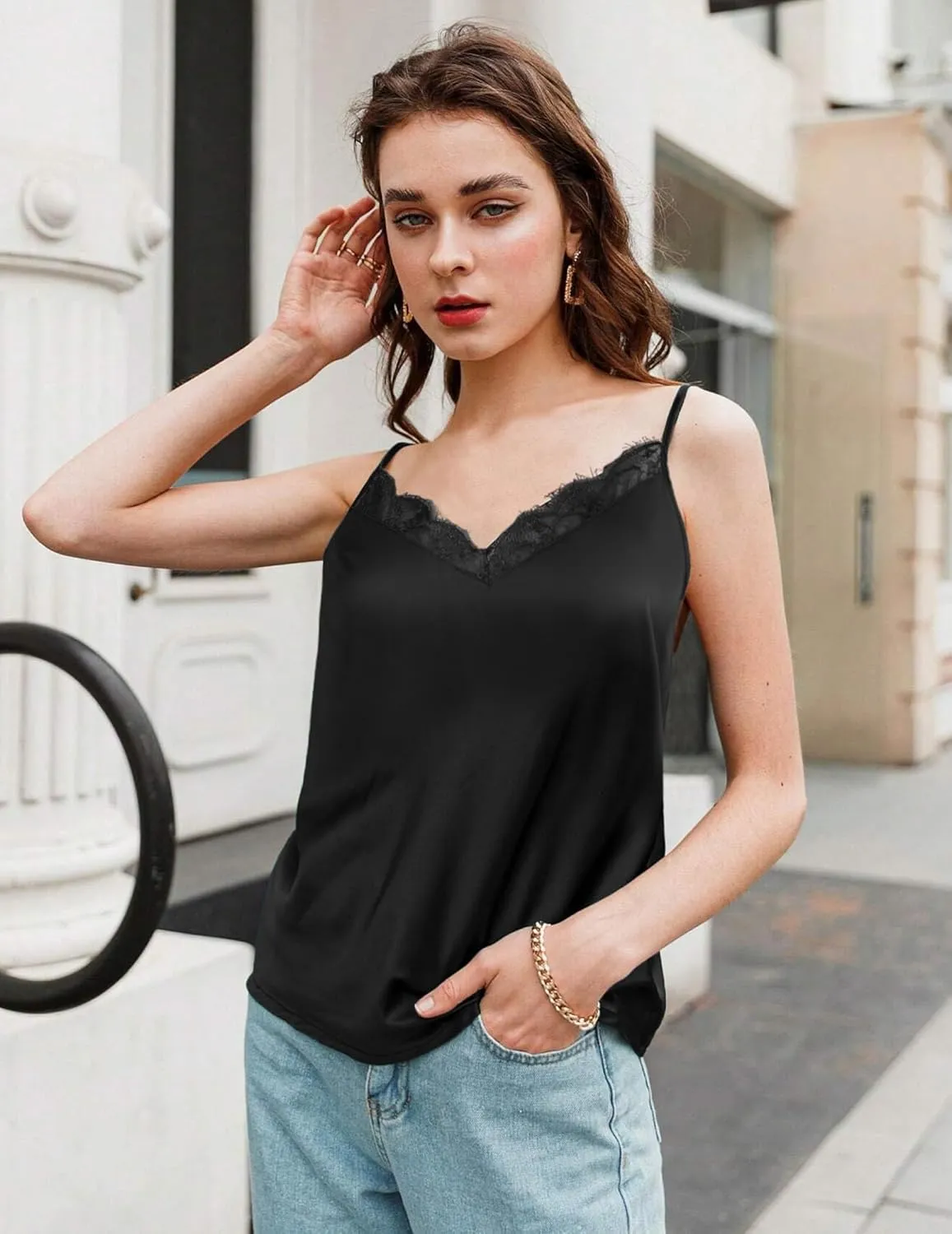 Zeagoo Camisole Tops for Women Slik Satin Spaghetti Strap Tank Top Lace V Neck Cami 2 PCS