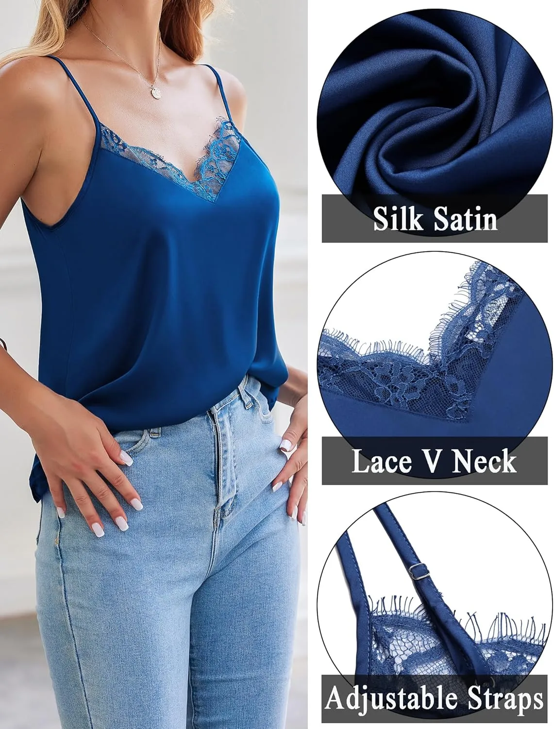 Zeagoo Camisole Tops for Women Slik Satin Spaghetti Strap Tank Top Lace V Neck Cami 2 PCS