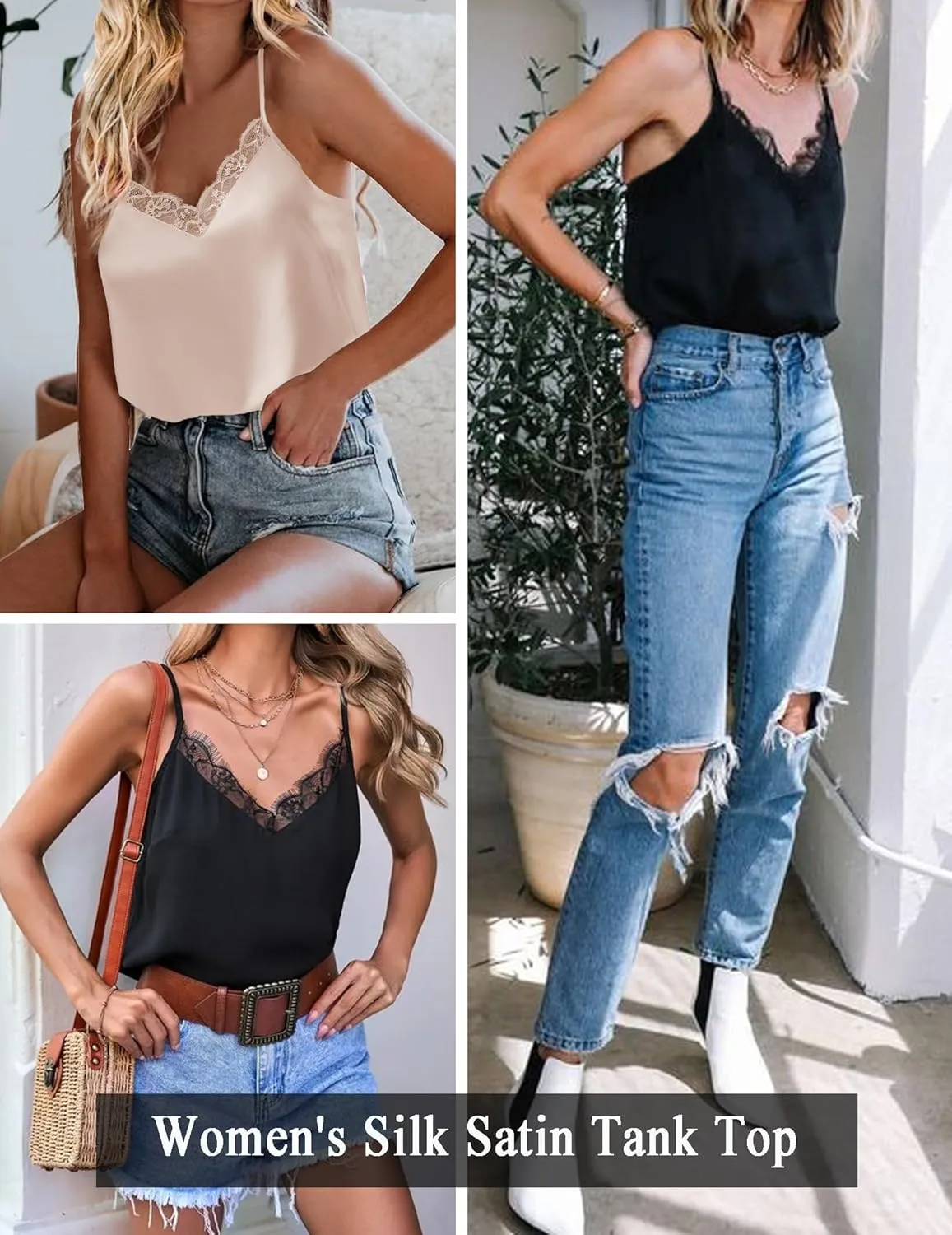 Zeagoo Camisole Tops for Women Slik Satin Spaghetti Strap Tank Top Lace V Neck Cami 2 PCS