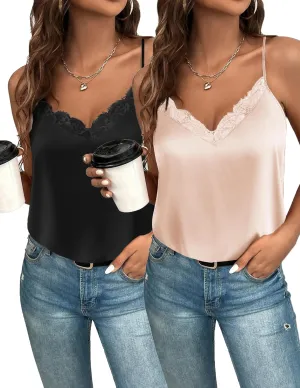 Zeagoo Camisole Tops for Women Slik Satin Spaghetti Strap Tank Top Lace V Neck Cami 2 PCS