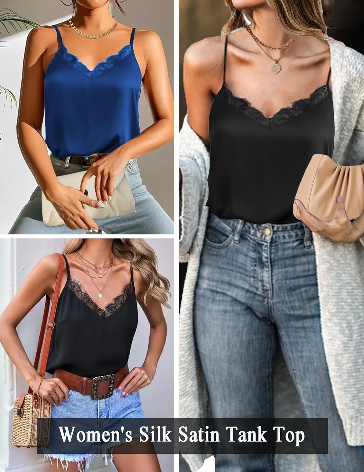 Zeagoo Camisole Tops for Women Slik Satin Spaghetti Strap Tank Top Lace V Neck Cami 2 PCS