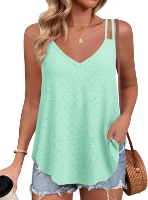 Zeagoo Flowy Tank Tops for Women Spaghetti Strap Eyelet Embroidery Loose Fit V Neck Sleeveless Casual Summer Tank Tops
