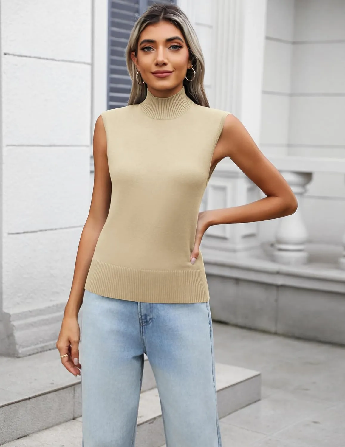 Zeagoo Women's 2025 Mock Turtle Neck Sweater Vest Sleeveless Knit Pullover Tank Tops Casual Trendy Slim Fitted Tops