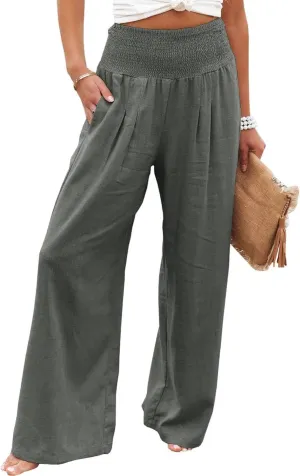 ZWRXW 2025 Linen Pants Women Summer Boho Wide Leg Palazzo Pants High Waist Casual Lounge Pant for Beach Travel Vacation Work