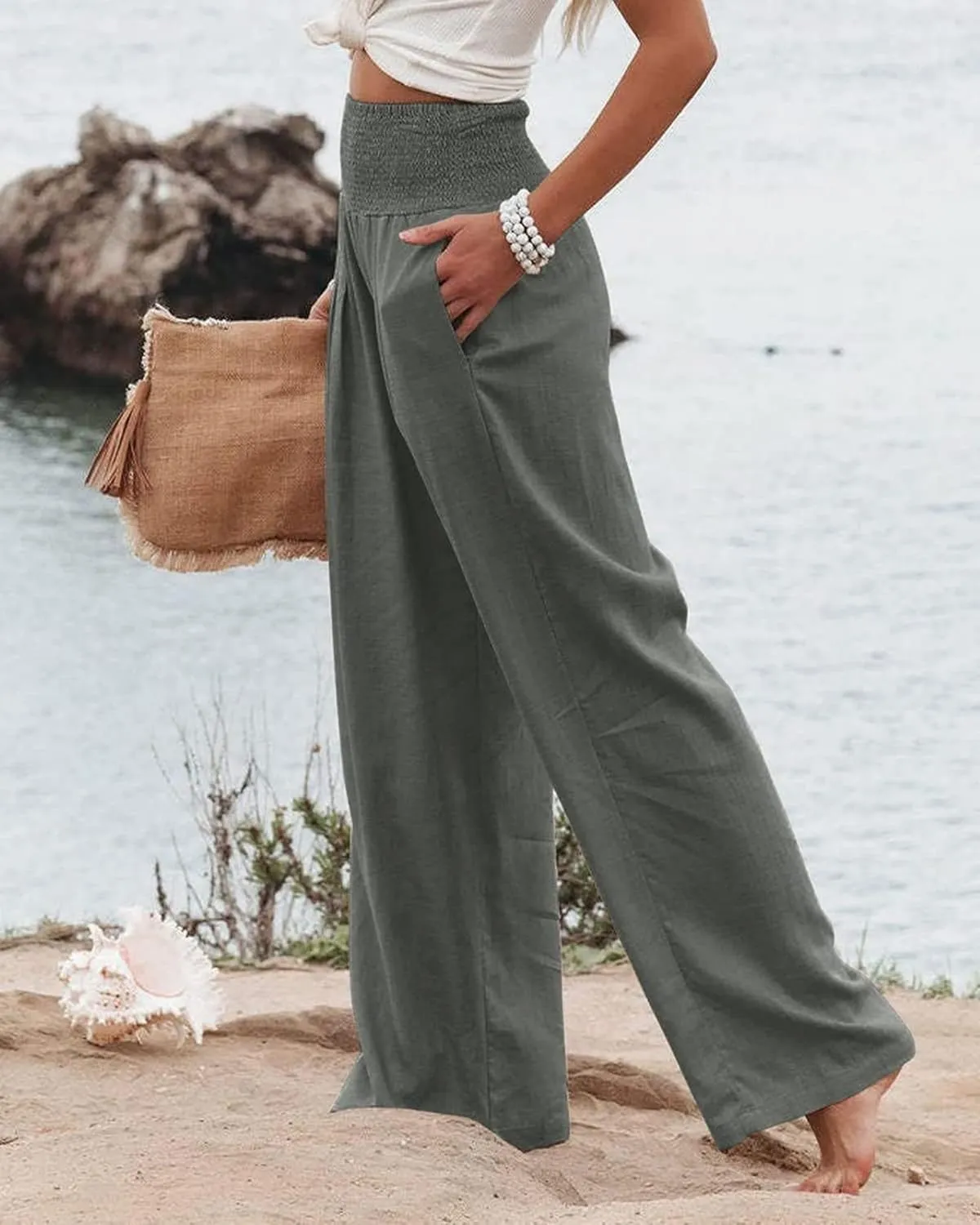 ZWRXW 2025 Linen Pants Women Summer Boho Wide Leg Palazzo Pants High Waist Casual Lounge Pant for Beach Travel Vacation Work
