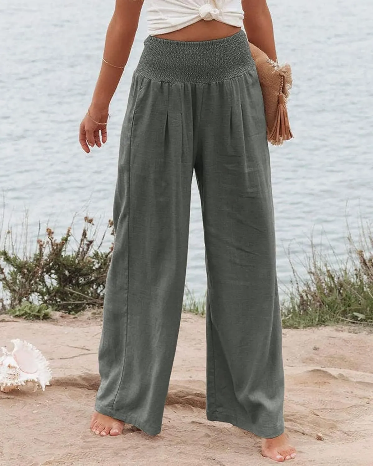 ZWRXW 2025 Linen Pants Women Summer Boho Wide Leg Palazzo Pants High Waist Casual Lounge Pant for Beach Travel Vacation Work