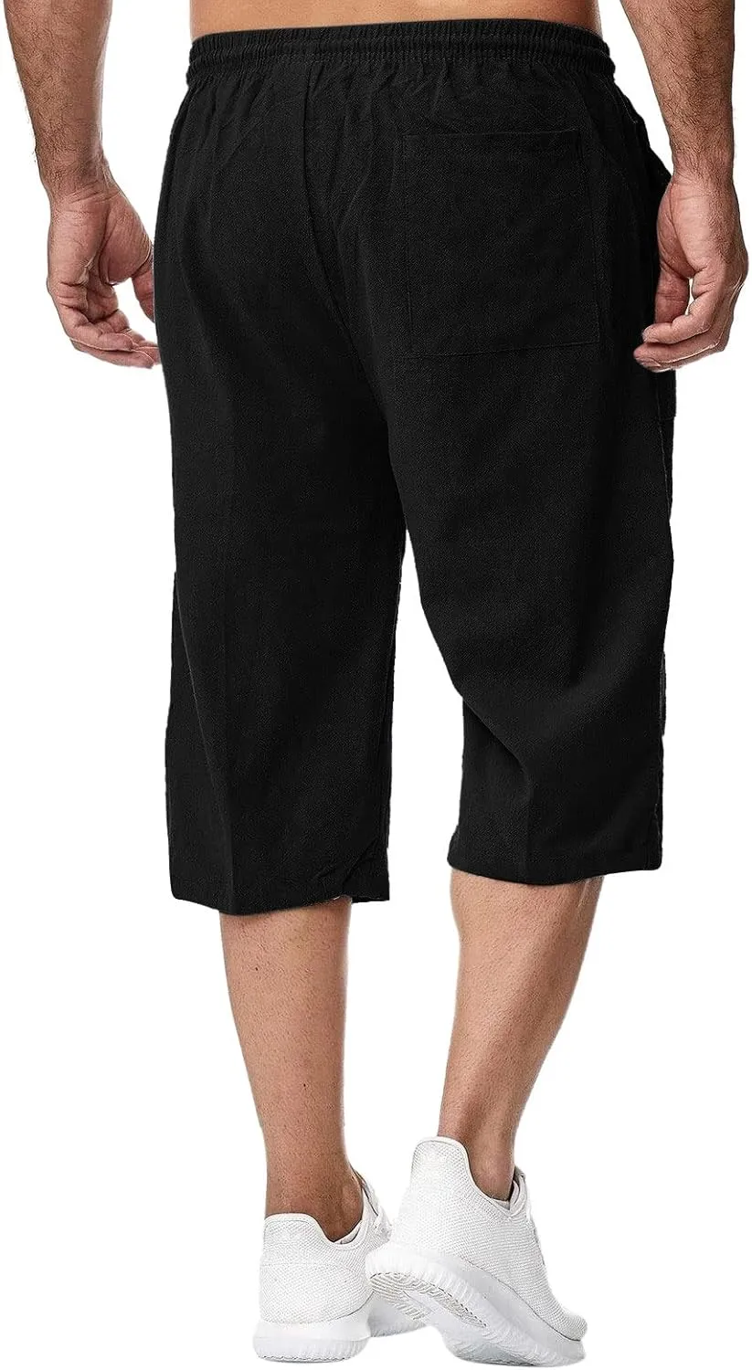 ZWRXW Men's Long Linen Shorts Casual Summer Beach Below Knee Length Pocketed 3/4 Drawstring Capri Pant