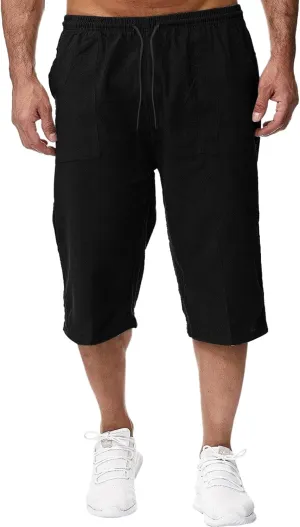ZWRXW Men's Long Linen Shorts Casual Summer Beach Below Knee Length Pocketed 3/4 Drawstring Capri Pant