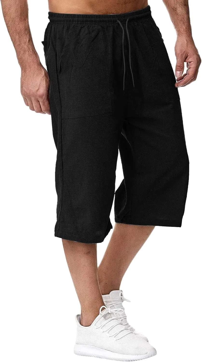 ZWRXW Men's Long Linen Shorts Casual Summer Beach Below Knee Length Pocketed 3/4 Drawstring Capri Pant