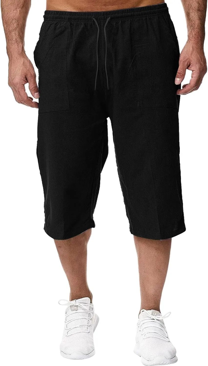 ZWRXW Men's Long Linen Shorts Casual Summer Beach Below Knee Length Pocketed 3/4 Drawstring Capri Pant