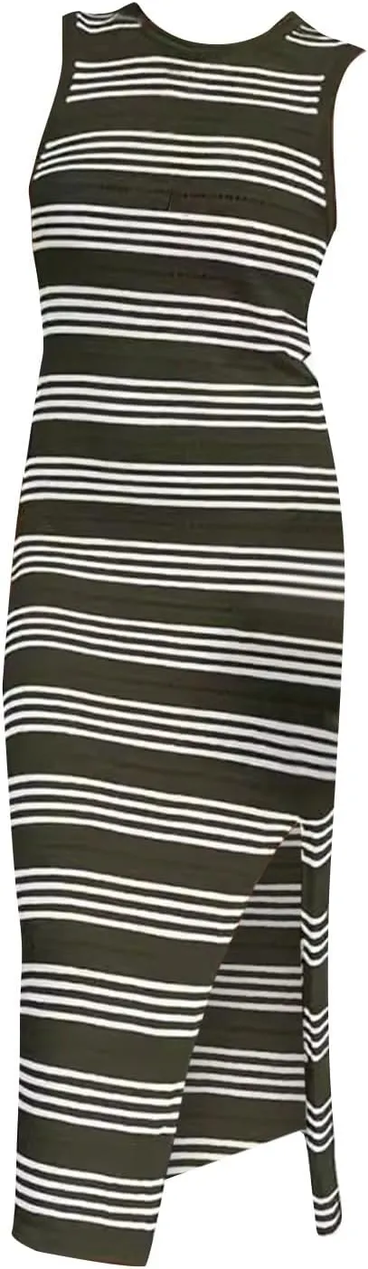 ZYXTIM Women Knit Casual Maxi Dress Side Slit Stripe Sleeveless Sundress 2024 Casual Bodycon Maxi Dresses Summer Beach Dress