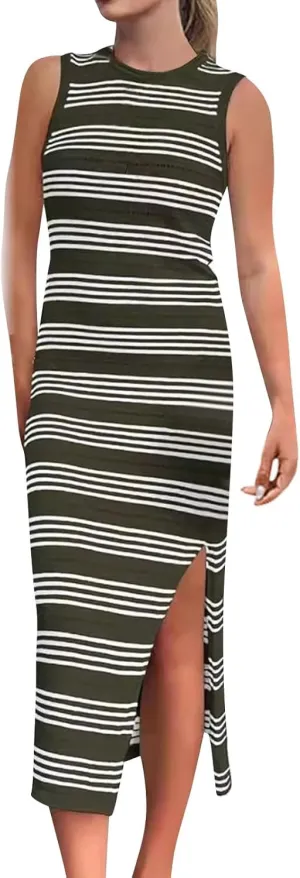 ZYXTIM Women Knit Casual Maxi Dress Side Slit Stripe Sleeveless Sundress 2024 Casual Bodycon Maxi Dresses Summer Beach Dress